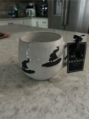 “New” Cobwebs & Cauldrons Speckled Ceramic Mug with Black Witch Hat Motif